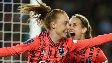 Karen Holmgaard celebrates after scoring for Everton