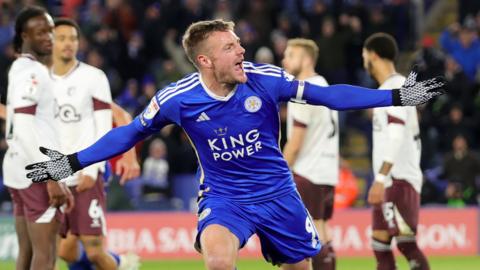 Leicester's Jamie Vardy celebrates a goal against Watford