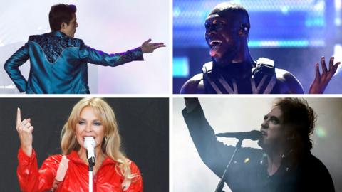 Clockwise from top left: The Killers, Stormzy, The Cure and Kylie Minogue at Glastonbury