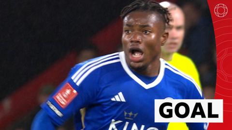 Leicester's Abdul Fatawu reacts to scoring a goal in extra time against Bournemouth at the FA Cup fifth round 2024
