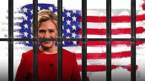 Graphic of Hillary Clinton behind bars