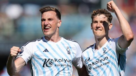 Ryan Yates and Chris Wood celebrate after Wood scores against Burnley