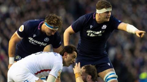 Scotland's Jamie Ritchie and Scott Cummings during a Guinness Six Nations match between Scotland and England at Scottish Gas Murrayfield, on February 14, 2026