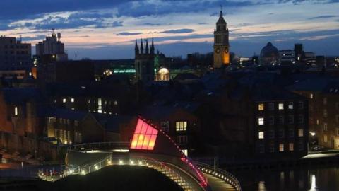 High angle view of Scale Lane Swing Bridge in Hull city centre illuminated at night