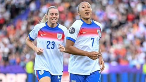 Lauren James of England celebrates after scoring her team's first goal with teammate, Alessia Russo