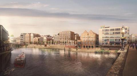 An artist's impression of the River Ouse with a boat to the left on the river with buildings between 4 and 6 storeys high on the left and right of the river