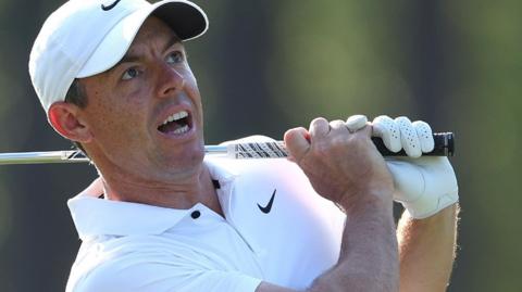 Rory McIlroy hits a shot at Pinehurst in round two of 2024 US Open