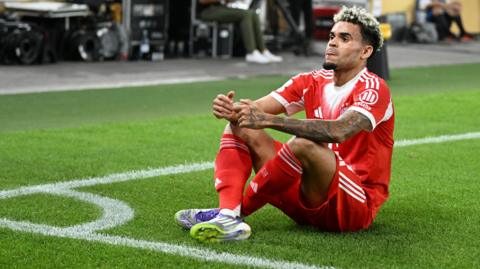 Luis Diaz celebrates scoring goal on Bayern Munich debut against Stuttgart in German Super Cup