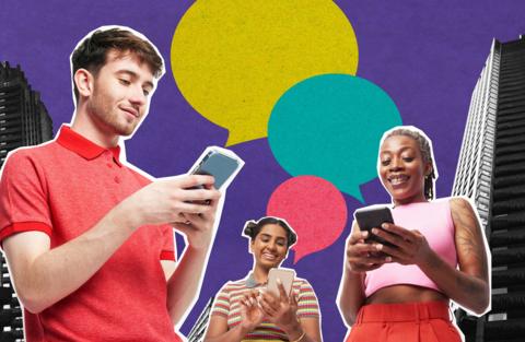 young people look down at smartphones against a colourful graphic backdrop