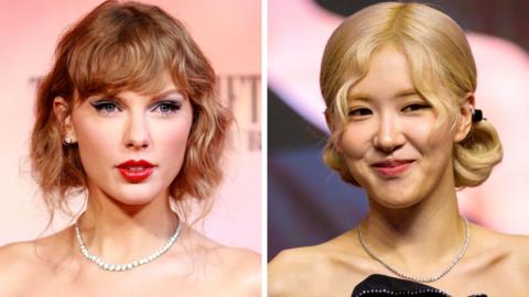 Taylor Swift and Rose from Blackpink seen in a side-by-side composite image
