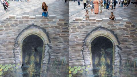 Two images side by side of people posing with artwork on the floor. The artwork shows a water gate on the ground drawn in chalk. There is a water leading up to the gate with lily pads on the water in the art. On the left, a woman kneels to admire the artwork. On the photo on the right, two children look at the art sitting on the ground.