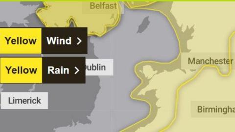 A map shows an area including Greater Manchester coloured in yellow due to a weather warning.