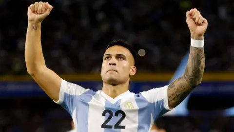 Lautaro Martinez celebrating his goal against Peru