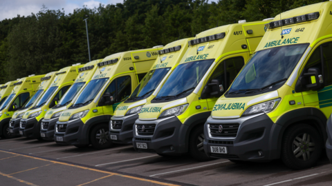 A row of nine ambulances in a car park