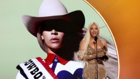 Beyoncé wears a golden gown and accepts the Best Country Album award for "Cowboy Carter" onstage during the 67th  Grammy Awards at Crypto.com Arena on 2 February 2025 in Los Angeles, California. An image of her album cover is projected behind her