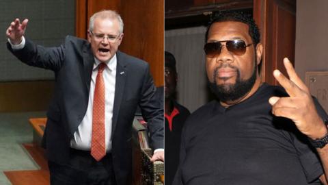 A split image of Scott Morrison and Fatman Scoop