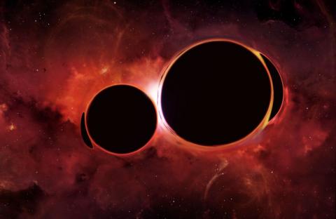Two black holes orbiting each other in an artist's illustration