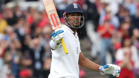 England opener Emilio Gay raises his bat after hitting his maiden Test fifty