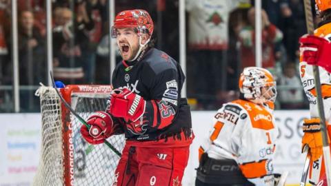 Riley Brandt scores for Cardiff Devils against Sheffield Steelers