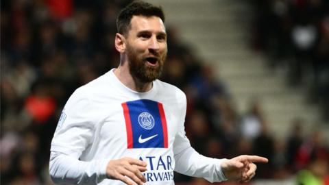 Lionel Messi celebrates after scoring for Paris St-Germain