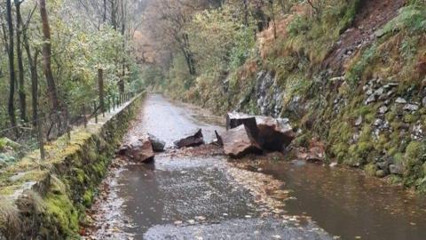 Big rocks on a narrow road between trees and grassy rocks. The road is wet. 