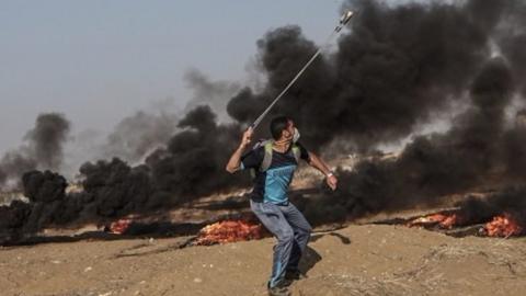 A Palestinian protester near the border with Israel in the east of Gaza Strip.