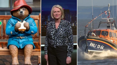 A composite image of Paddington Bear, Sally Taylor and a lifeboat