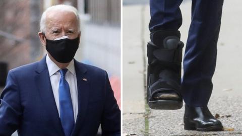 Composite of Joe Biden and his protective boot