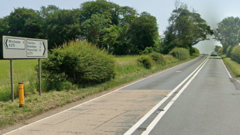 A google maps image of the A272 between Rodfield Lane and Owslebury, near Winchester.