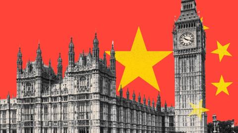 A treated image of Parliament and the Chinese flag
