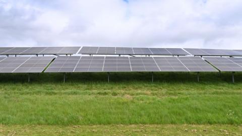 Rows of solar panels are on a patch of grass with cloudy sky in the background