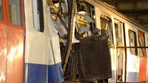 London Underground train which was involved in the bomb attack at Aldgate tube station in London.