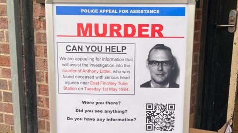 An appeal poster outside East Finchley Underground station in north London as Metropolitan Police detectives are appealing for information in the unsolved murder of Anthony Littler, which took place just outside of the station in May 1984. Picture date: Tuesday December 5, 2023.