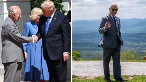 Splitscreen. Left, Trump and Charles shake hands. Right, Charles at Shenandoah National Park.