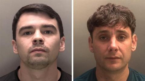 Police mugshots of Connor Smith, who has black hair swept to the right and wears a black t-shirt, and Martin Wilson, who has a turquoise t-shirt and brown hair curled at the fringe.