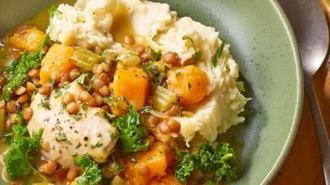 Chicken and kale stew with butter bean mash