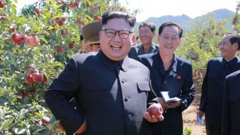 This undated picture released from North Korea's official Korean Central News Agency (KCNA) on September 21, 2017 shows North Korean leader Kim Jong-Un visiting a fruit farm at Kwail County, South Hwanghae Province.