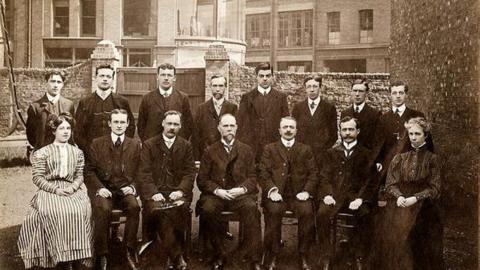 Belfast Public Libraries Senior Library Staff in the yard of Belfast Central Library in 1909