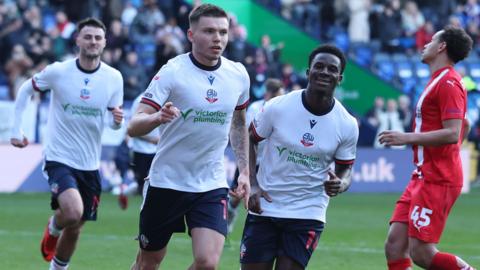 Bolton's Aaron Morley celebrates scoring against Leyton Orient