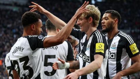 Newcastle celebrate after Jacob Murphy scores his second goal in a Premier League win over Leicester