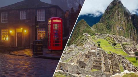 A split image of Machu Picchu and a house in Yorkshire in the dark with a red phone box.