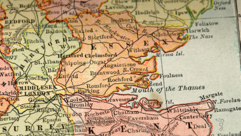 An old fashioned map of England, showing the eastern and south eastern counties, which are each represented in different colours. Essex is in the centre of the image.