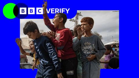 An image showing Palestinian children in Gaza with a branded BBC Verify blue border and a BBC Verify logo in the top left hand corner.