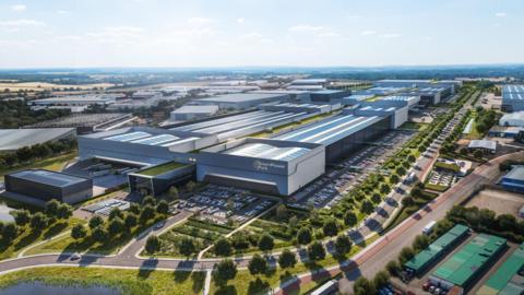 CGI image of industrial buildings and Greenland 