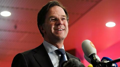 Mark Rutte reacts to exit polls in the Netherlands general election in The Hague, Netherlands, March 17, 2021