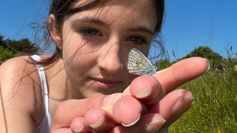 A girl with dark hair has a common blue butterfly perched on her outstretched hand.
