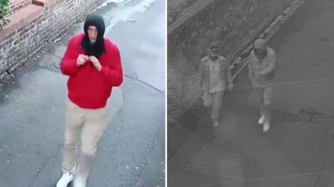 The image is divided in two. On the left, is a CCTV image of a tall man in a red coat, black hood, beige trousers and white trainers. He is white, has his hood up and is walking down a road. On the left is a black-and-white CCTV image of the same man next to another man in light coloured clothing and a puffer jacket. He has facial hair.  