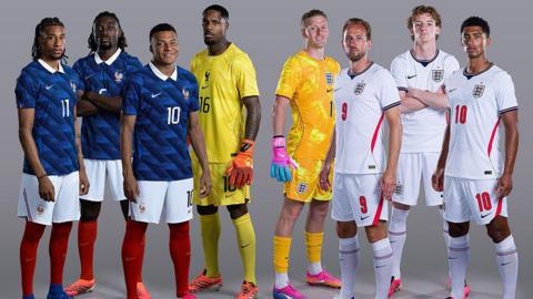 In this photo illustration, (L-R) Michael Olise, Manu Kone, Kylian Mbappe and Mike Maignan of France and Jordan Pickford, Harry Kane, Anthony Gordon and Jude Bellingham of England ahead of the FIFA World Cup 2026 Bronze Final match between France and England 
