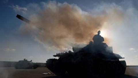 Members of the Libyan National Army (LNA) commanded by Khalifa Haftar, prepare to head out of Benghazi to reinforce the troops advancing to Tripoli