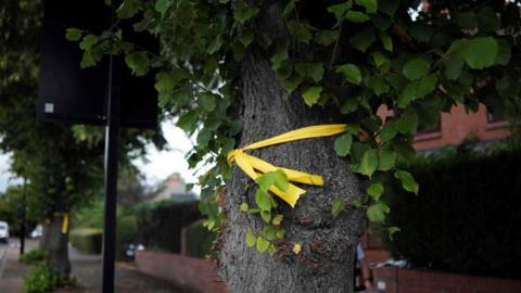 A yellow ribbon is tied in a bow around a tree trunk, with more stretching down the street. Red brick walls and garden hedges can be seen in the background.